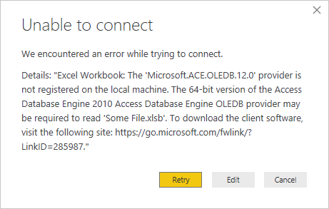 We encountered an error while trying to connect. Details: "Excel Workbook: the 'Microsoft.ACE.OLEDB.12.0' provider is not registered on the local machine. The 64-bit bersion of the Access Database Engine 2010 Access Database Engine OLEDB provider may be required to read.